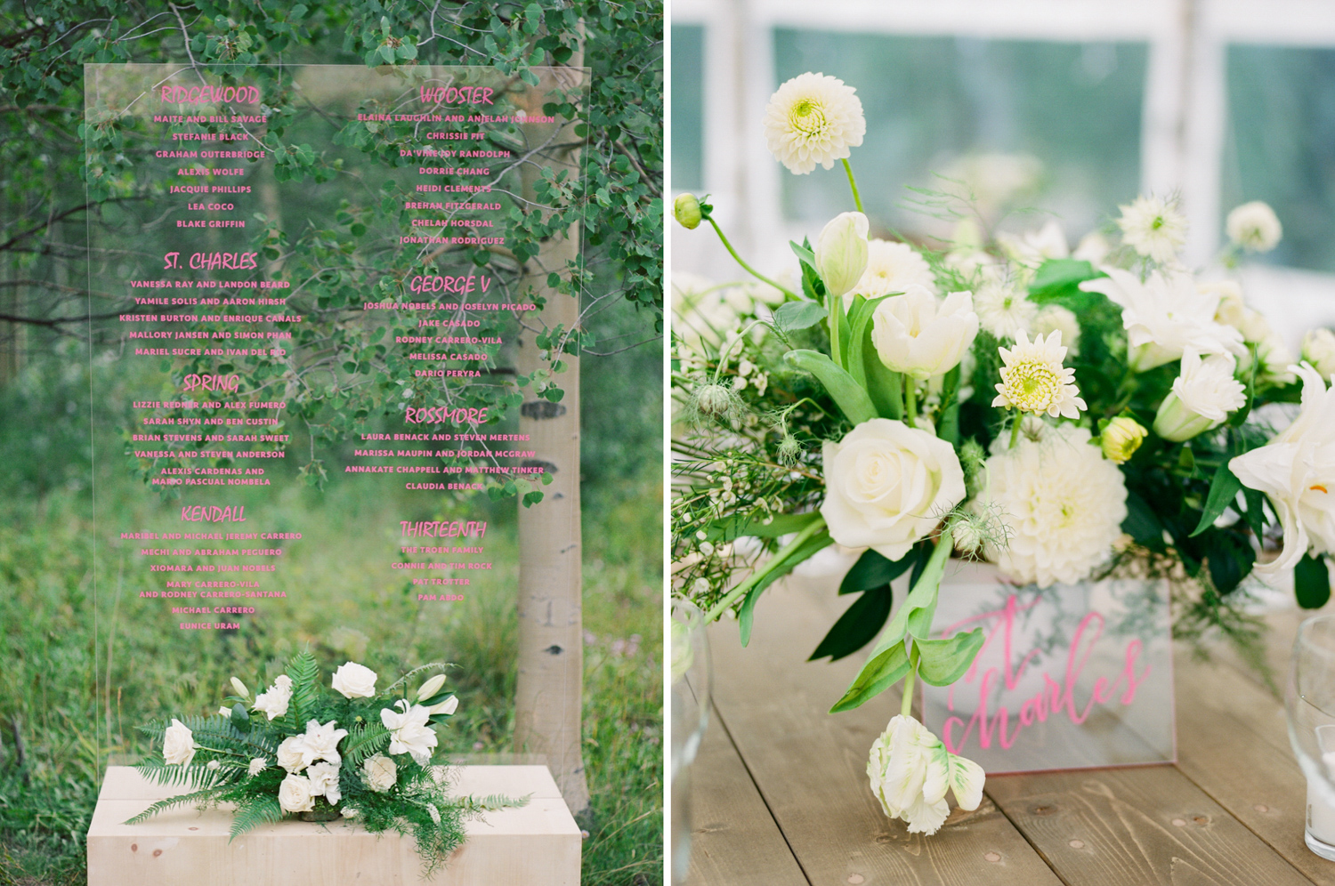 Glass Seating Chart with pink lettering for this elegant and modern aspen wedding. Photos by Rachel Havel. 