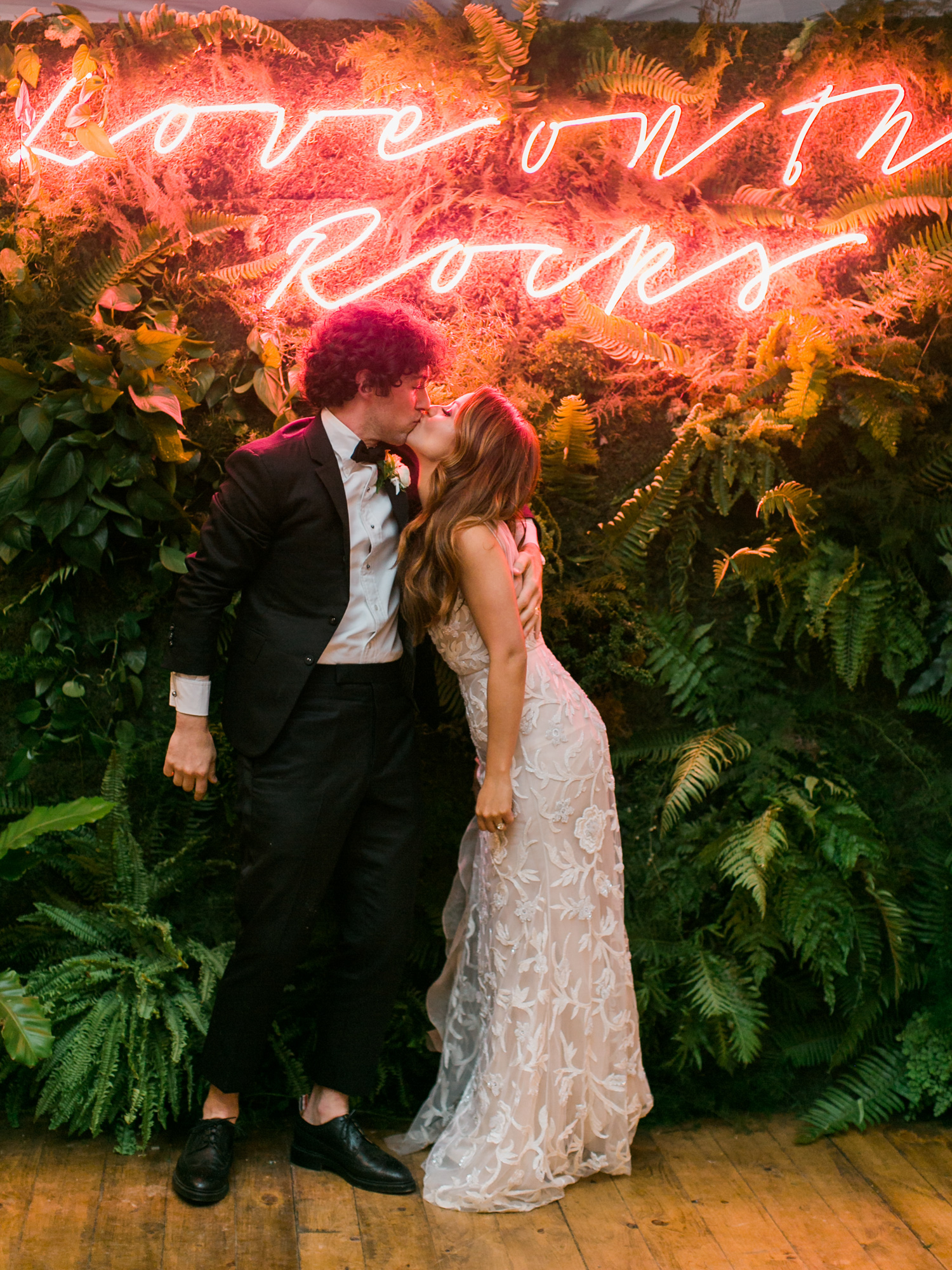 Living Wall display with neon sign. Aspen Wedding. photos by Rachel Havel 